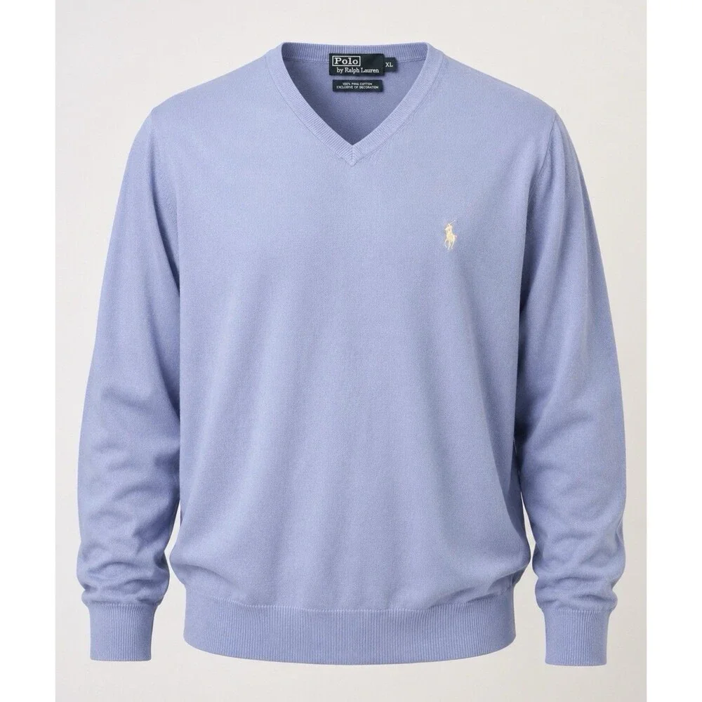Polo Ralph Lauren XL Periwinkle Blue V-Neck Sweater Pima Cotton Pony Relaxed Fit